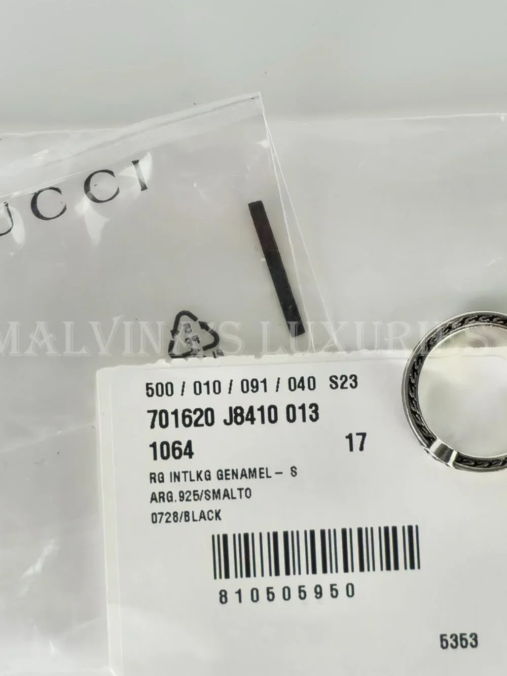 GUCCI RING STERLING SILVER w BLACK ENAMEL INTERLOCKING GG LOGO sz 17 US 8